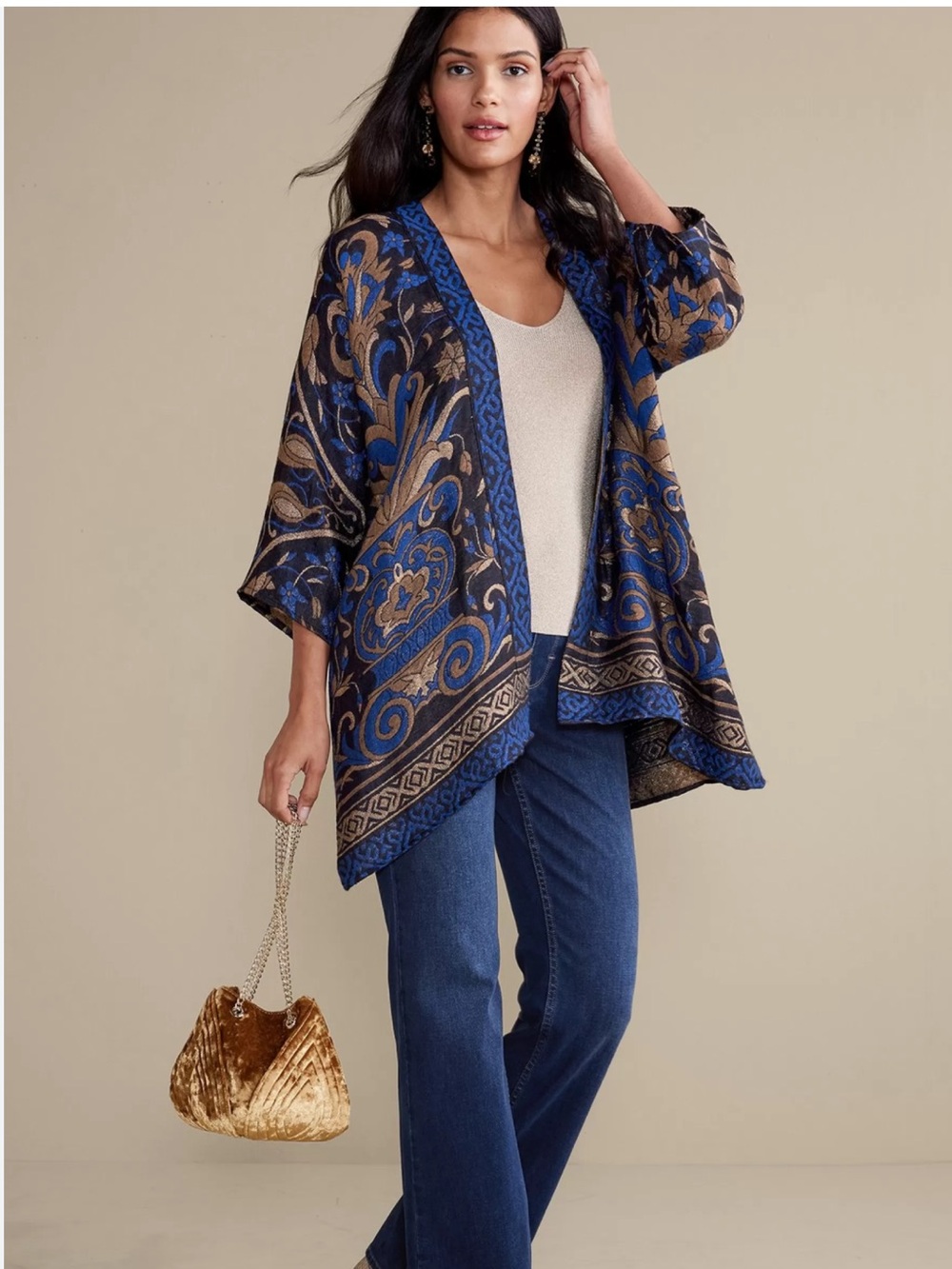 Soft Surroundings L/XL stunning navy gold drape open cardigan